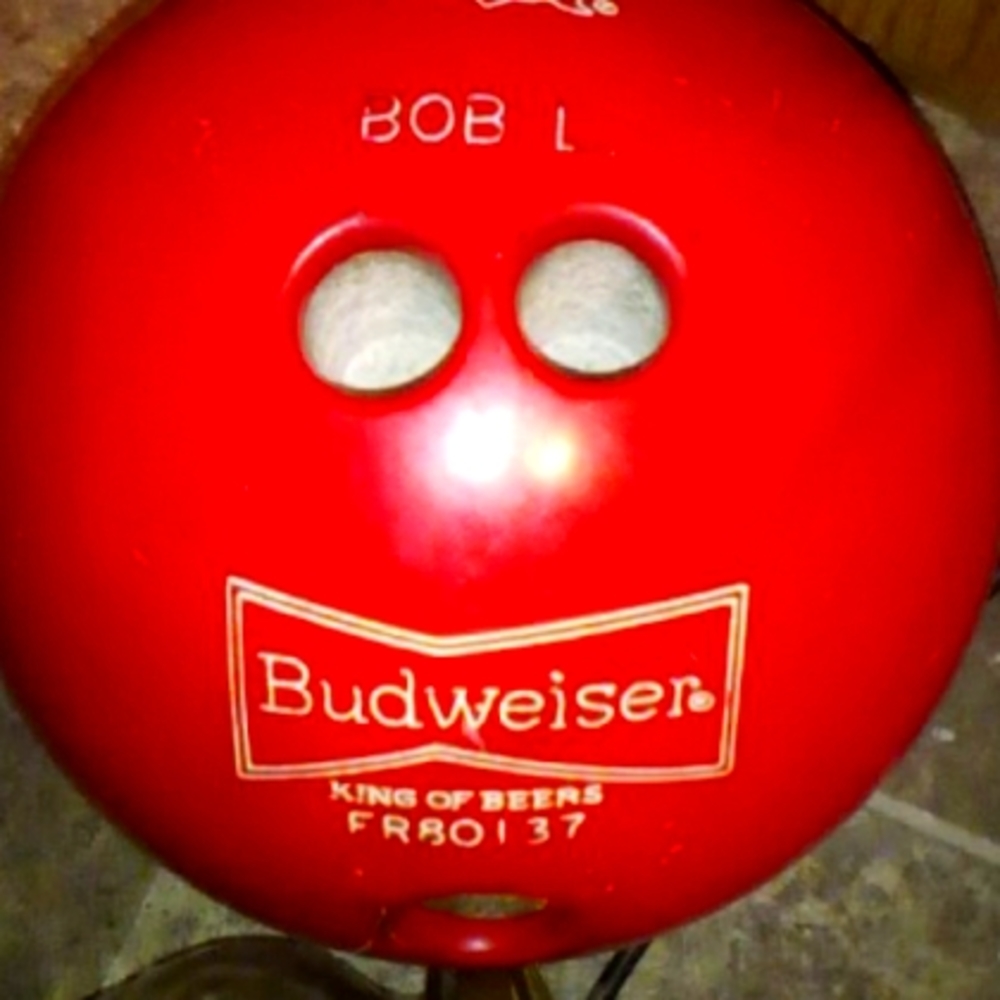 Budweiser bowling ball and metal bucket
